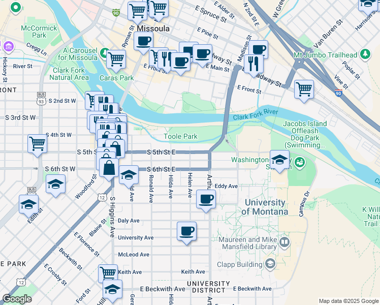 map of restaurants, bars, coffee shops, grocery stores, and more near South 5th Street East in Missoula