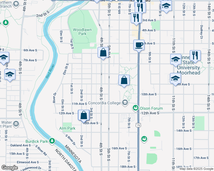 map of restaurants, bars, coffee shops, grocery stores, and more near 901 5th Street South in Moorhead