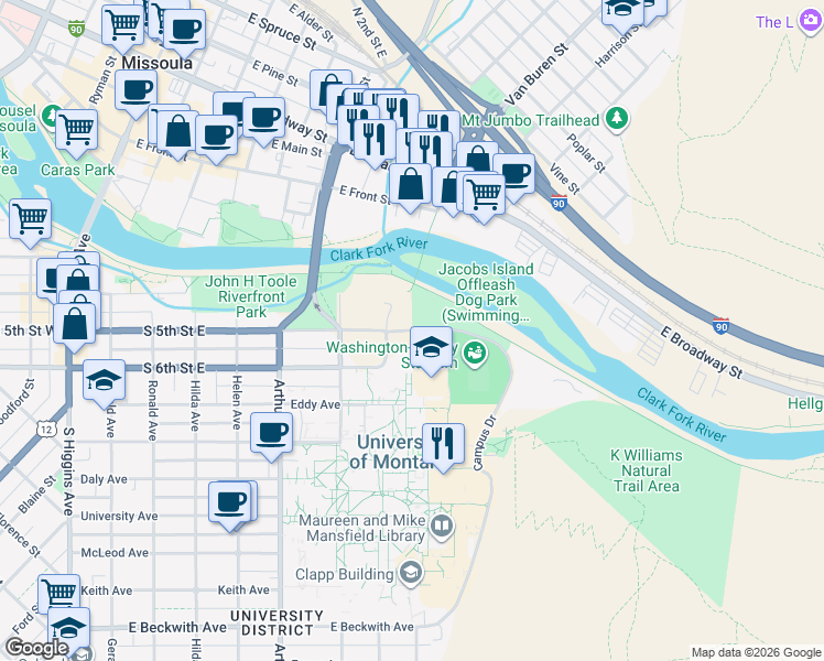 map of restaurants, bars, coffee shops, grocery stores, and more near in Missoula