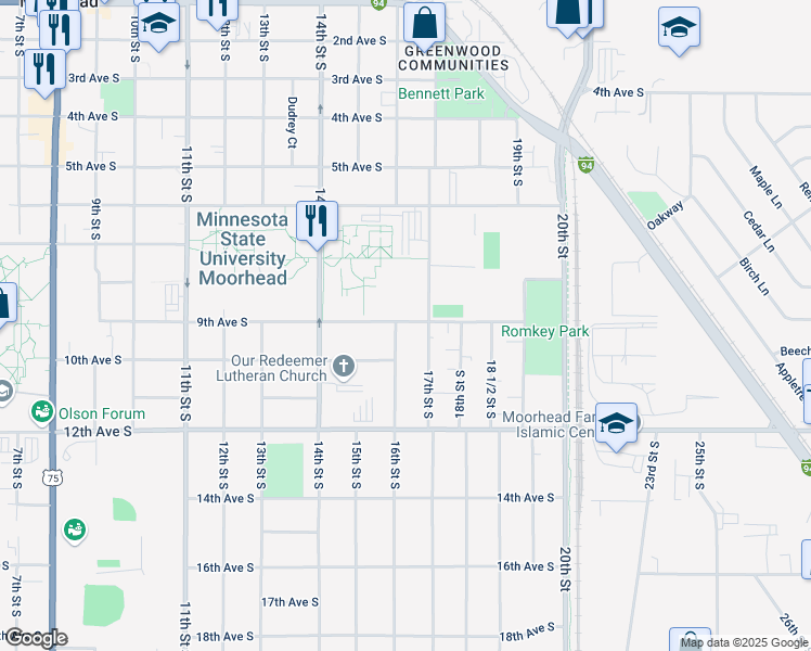 map of restaurants, bars, coffee shops, grocery stores, and more near 917 16th Street South in Moorhead