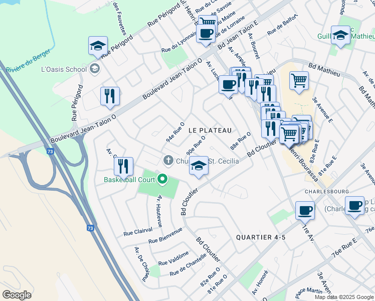 map of restaurants, bars, coffee shops, grocery stores, and more near 265 90e Rue Ouest in Québec