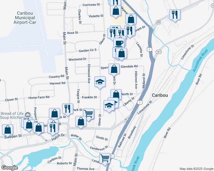 map of restaurants, bars, coffee shops, grocery stores, and more near 59 Glenn Street in Caribou