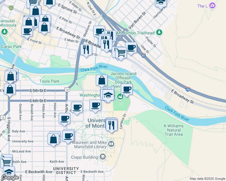 map of restaurants, bars, coffee shops, grocery stores, and more near 15 Campus Drive in Missoula