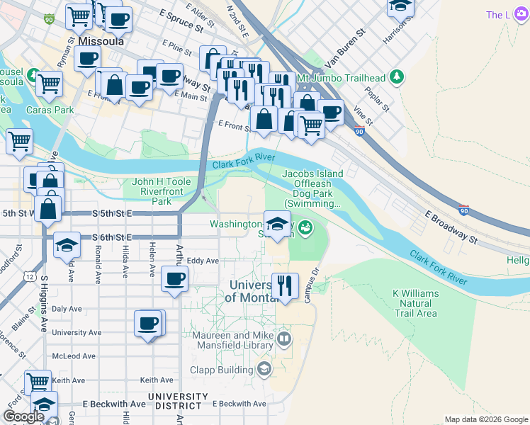 map of restaurants, bars, coffee shops, grocery stores, and more near 15 Campus Drive in Missoula