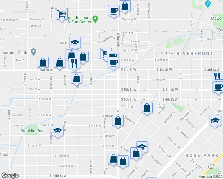 map of restaurants, bars, coffee shops, grocery stores, and more near 1533 South 5th Street West in Missoula