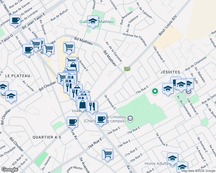 map of restaurants, bars, coffee shops, grocery stores, and more near 893 Boulevard Louis-XIV in Québec