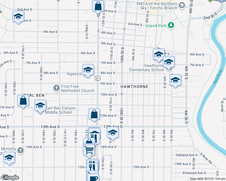map of restaurants, bars, coffee shops, grocery stores, and more near 1020 10th Avenue South in Fargo