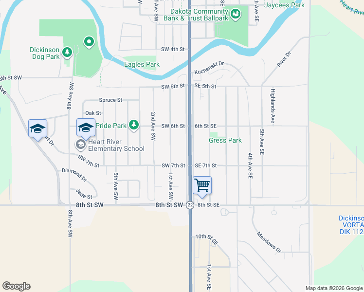 map of restaurants, bars, coffee shops, grocery stores, and more near 797 South Main Avenue in Dickinson