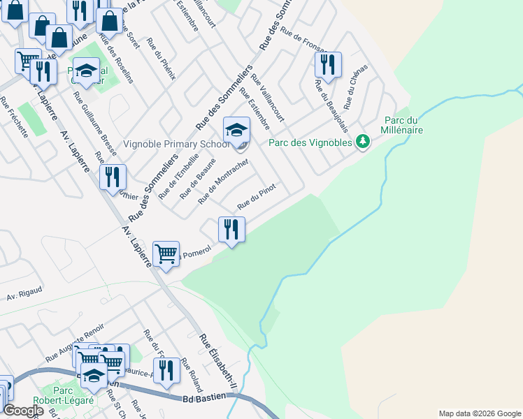 map of restaurants, bars, coffee shops, grocery stores, and more near 6336 Rue de Pomerol in Québec