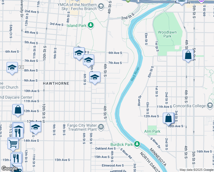 map of restaurants, bars, coffee shops, grocery stores, and more near 1001 4th Street South in Fargo