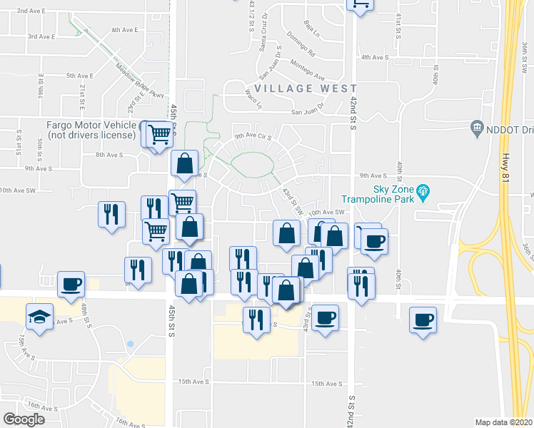 map of restaurants, bars, coffee shops, grocery stores, and more near 4325 10th Ave S in Fargo