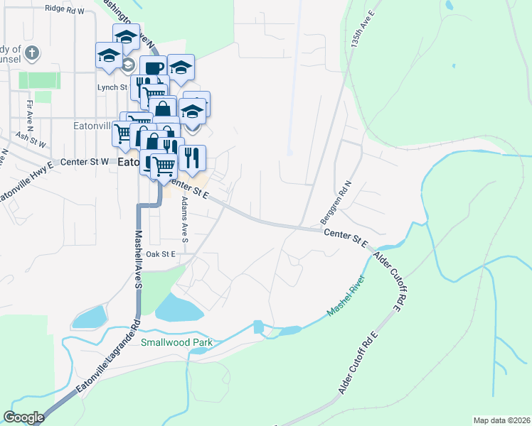 map of restaurants, bars, coffee shops, grocery stores, and more near 103 Eagle Glen Court North in Eatonville