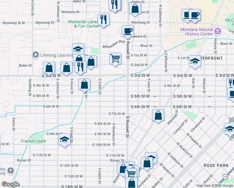 map of restaurants, bars, coffee shops, grocery stores, and more near 1524 South 6th Street West in Missoula