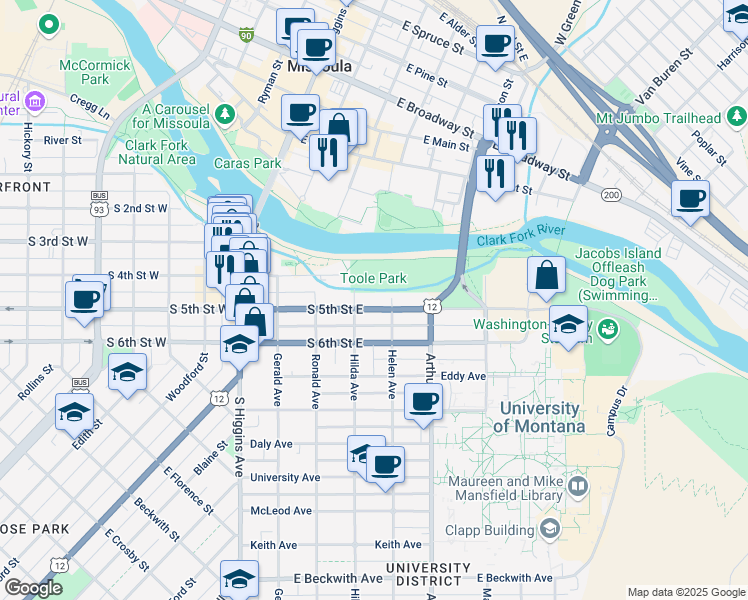 map of restaurants, bars, coffee shops, grocery stores, and more near 430 South 5th Street East in Missoula
