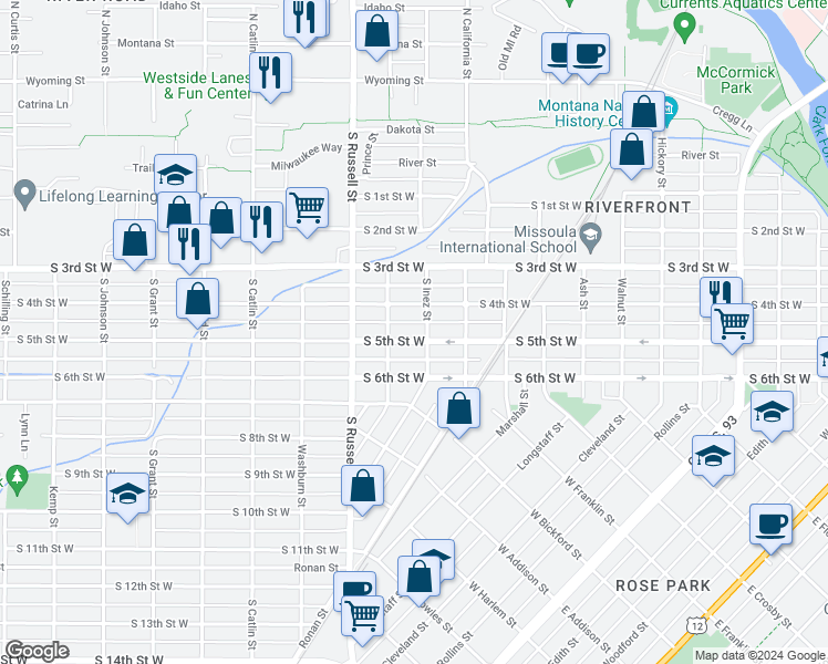 map of restaurants, bars, coffee shops, grocery stores, and more near 1308 South 5th Street West in Missoula