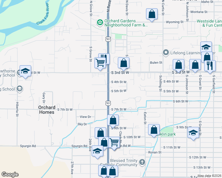 map of restaurants, bars, coffee shops, grocery stores, and more near 2412 South 4th Street West in Missoula