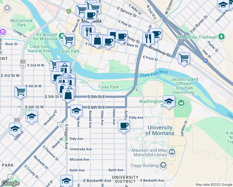 map of restaurants, bars, coffee shops, grocery stores, and more near Kim Williams Trail in Missoula