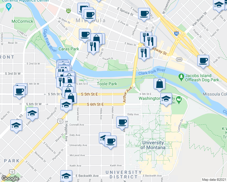 map of restaurants, bars, coffee shops, grocery stores, and more near Kim Williams Trail in Missoula