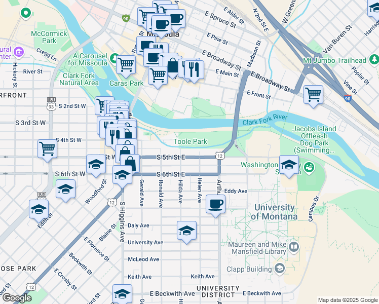 map of restaurants, bars, coffee shops, grocery stores, and more near 315 South 4th Street East in Missoula