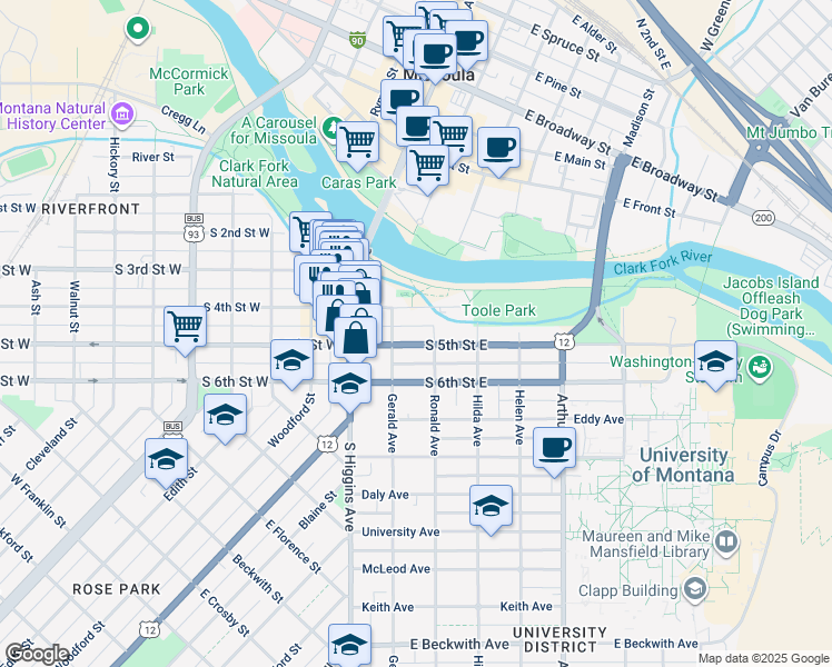 map of restaurants, bars, coffee shops, grocery stores, and more near 200-272 South 4th Street East in Missoula