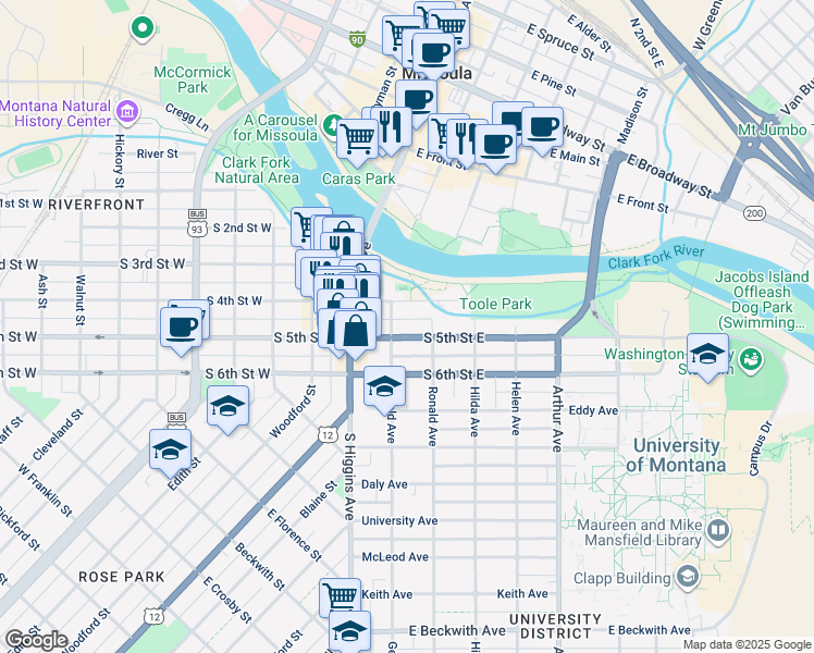 map of restaurants, bars, coffee shops, grocery stores, and more near 200-272 South 4th Street East in Missoula