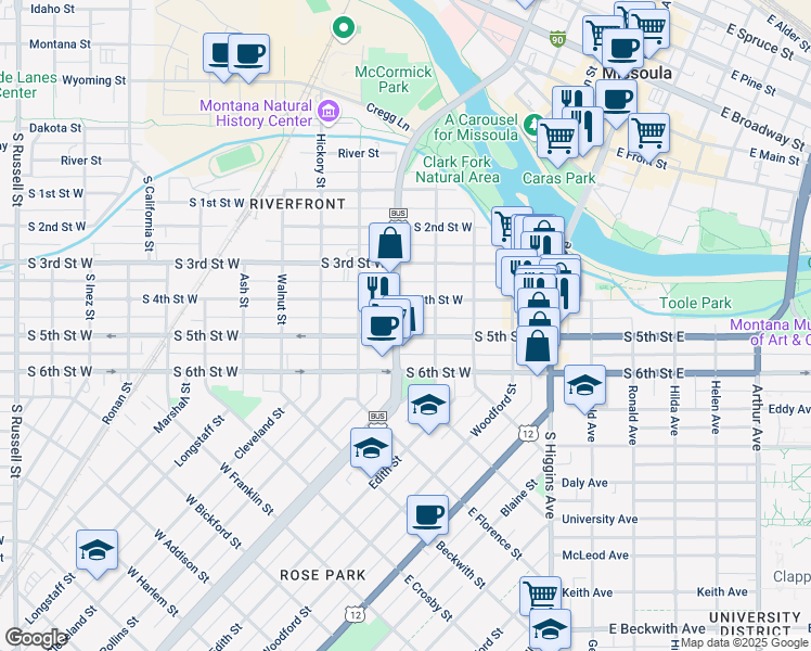 map of restaurants, bars, coffee shops, grocery stores, and more near in Missoula