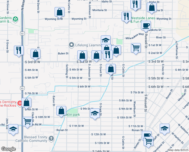 map of restaurants, bars, coffee shops, grocery stores, and more near 1905 South 4th Street West in Missoula