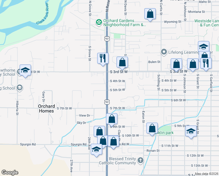 map of restaurants, bars, coffee shops, grocery stores, and more near 2412 South 4th Street West in Missoula