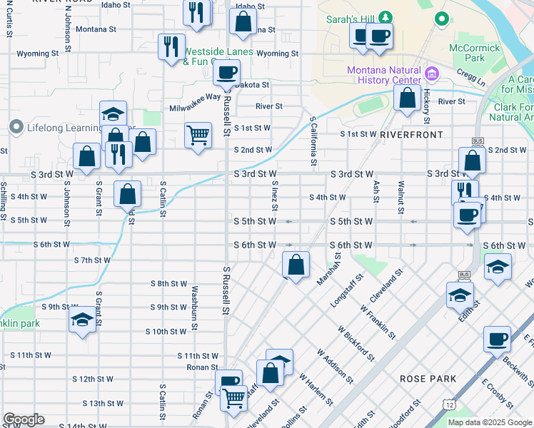 map of restaurants, bars, coffee shops, grocery stores, and more near 1326 South 4th Street West in Missoula