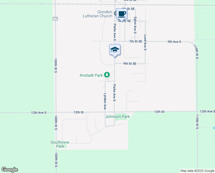 map of restaurants, bars, coffee shops, grocery stores, and more near 931 10th Street Southwest in Glyndon