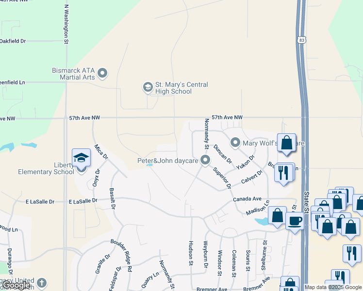 map of restaurants, bars, coffee shops, grocery stores, and more near 5606 Superior Drive in Bismarck
