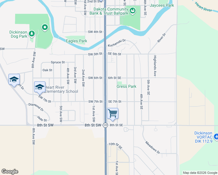 map of restaurants, bars, coffee shops, grocery stores, and more near 68 6th Street Southeast in Dickinson
