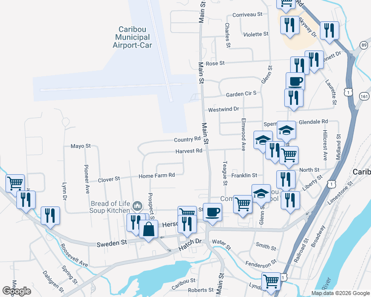 map of restaurants, bars, coffee shops, grocery stores, and more near 9 Country Road in Caribou