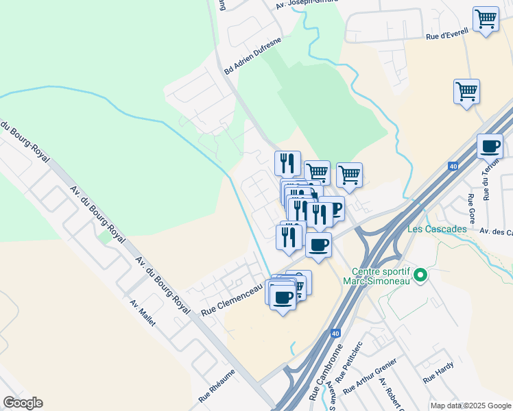 map of restaurants, bars, coffee shops, grocery stores, and more near 3415 Boulevard Albert Chrétien in Québec