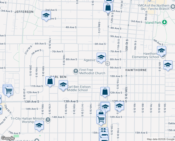 map of restaurants, bars, coffee shops, grocery stores, and more near 1421 9th Avenue South in Fargo