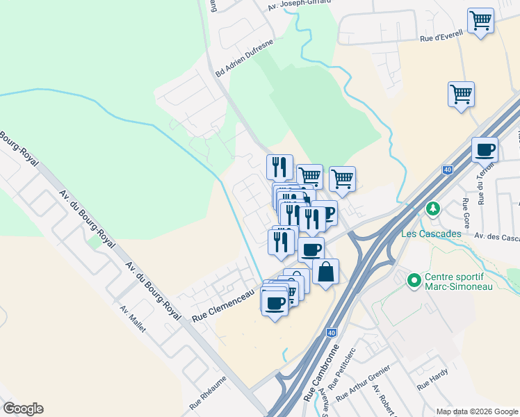 map of restaurants, bars, coffee shops, grocery stores, and more near 3425 Boulevard Albert Chrétien in Québec