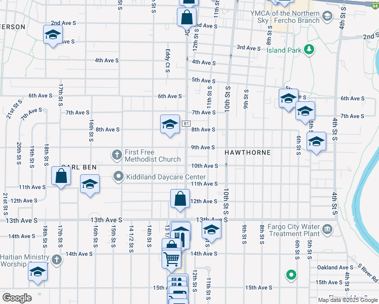 map of restaurants, bars, coffee shops, grocery stores, and more near 1127 9th Avenue South in Fargo