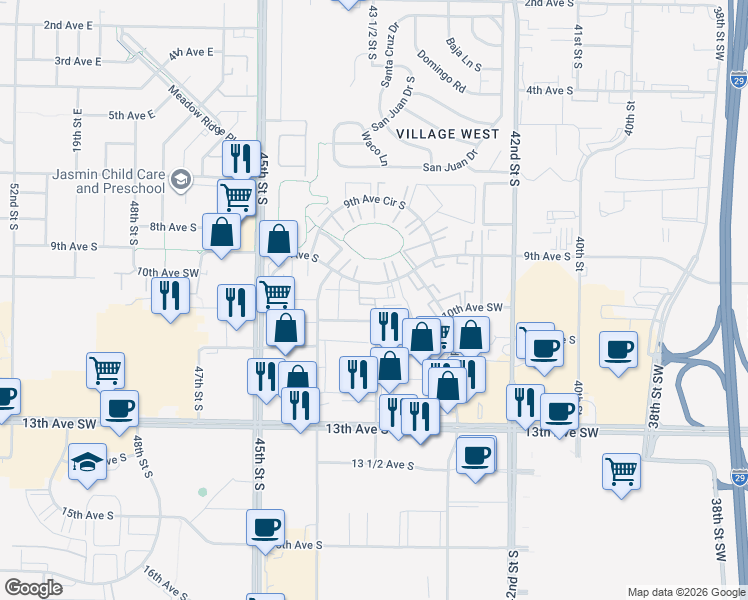 map of restaurants, bars, coffee shops, grocery stores, and more near 4313 9th Avenue South in Fargo