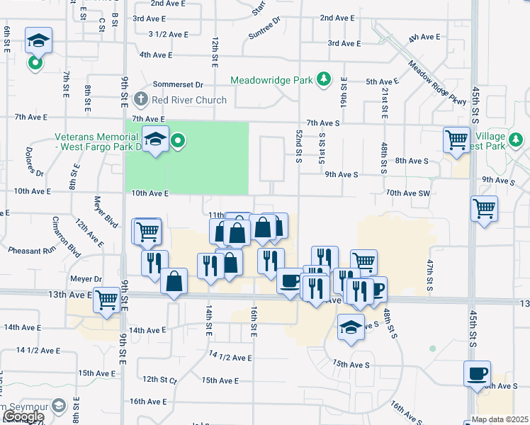 map of restaurants, bars, coffee shops, grocery stores, and more near 960 Homestead Court in West Fargo