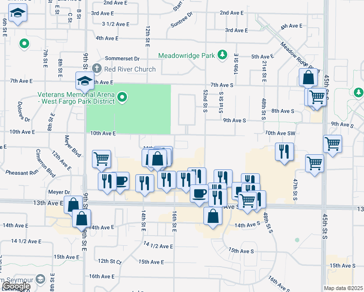 map of restaurants, bars, coffee shops, grocery stores, and more near 960 Homestead Court in West Fargo