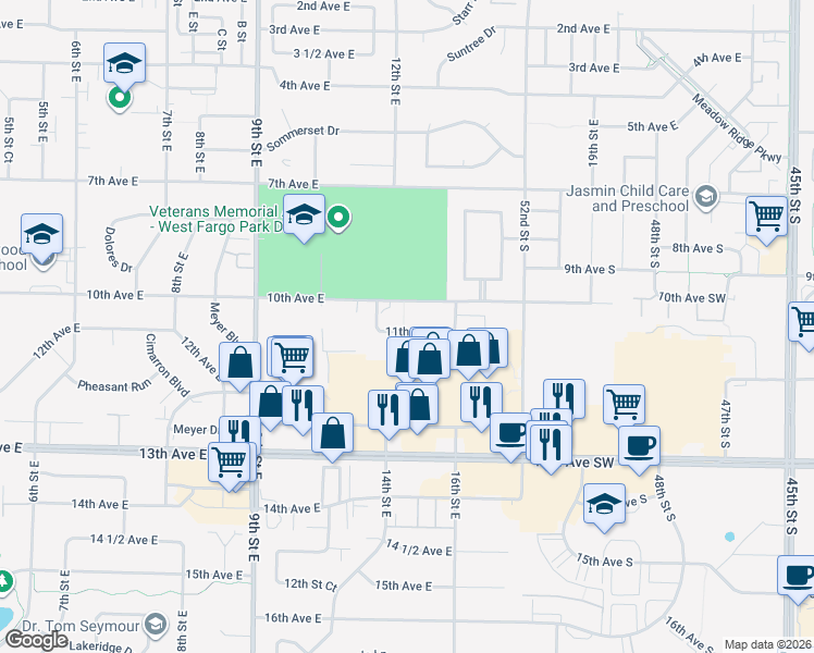 map of restaurants, bars, coffee shops, grocery stores, and more near 1512 11th Avenue East in West Fargo