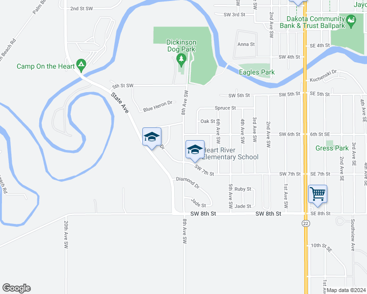 map of restaurants, bars, coffee shops, grocery stores, and more near 8th Avenue Southwest in Dickinson