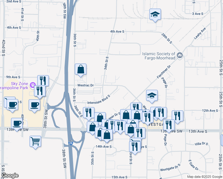 map of restaurants, bars, coffee shops, grocery stores, and more near 3310 Westrac Drive in Fargo