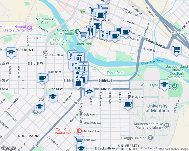 map of restaurants, bars, coffee shops, grocery stores, and more near 200-272 South 4th Street East in Missoula