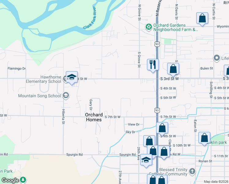 map of restaurants, bars, coffee shops, grocery stores, and more near 2727 South 3rd Street West in Missoula