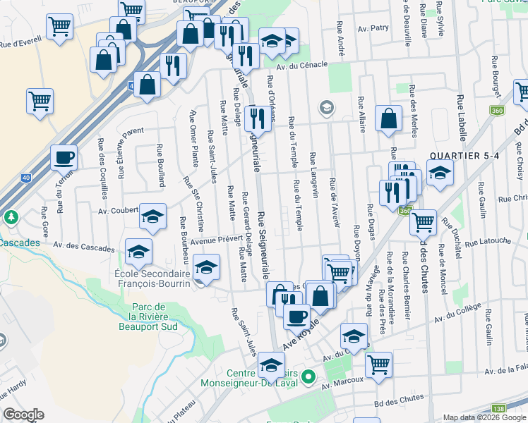 map of restaurants, bars, coffee shops, grocery stores, and more near 122 Rue Seigneuriale in Québec