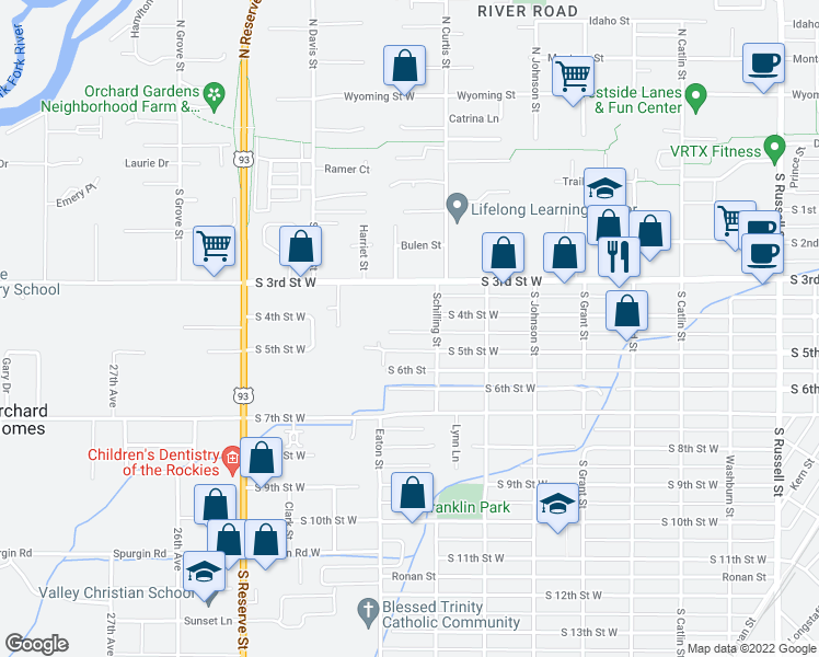map of restaurants, bars, coffee shops, grocery stores, and more near 2200 South 5th Street West in Missoula