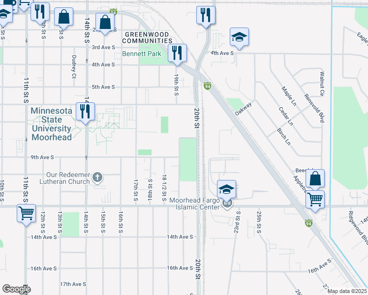 map of restaurants, bars, coffee shops, grocery stores, and more near 800 19th Street South in Fargo