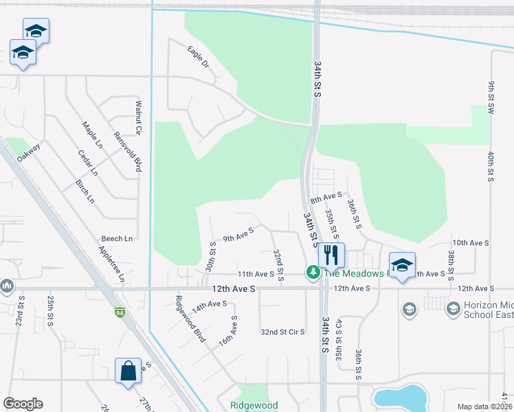 map of restaurants, bars, coffee shops, grocery stores, and more near 846 32nd Street South in Moorhead