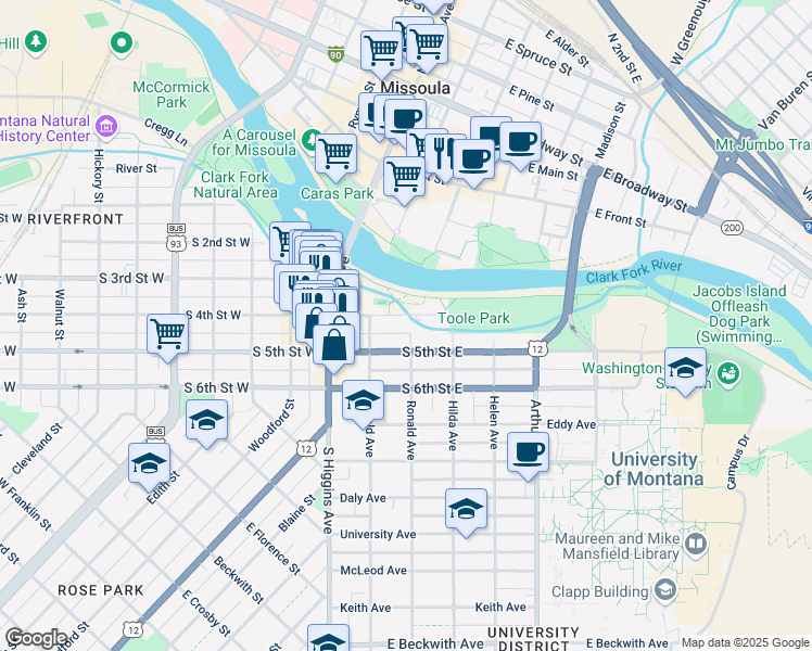 map of restaurants, bars, coffee shops, grocery stores, and more near 305 South 4th Street East in Missoula